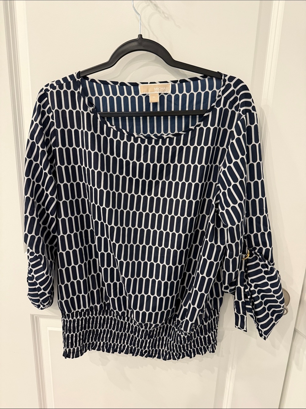 Michael Kors Navy and White Geometric Blouson Pullover